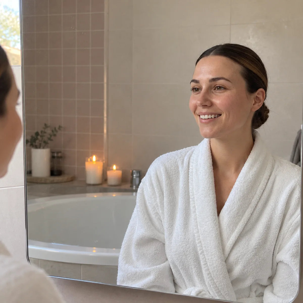 Femme en peignoir devant le miroir, la peau fraîche après le masque au collagène Hydra Lift