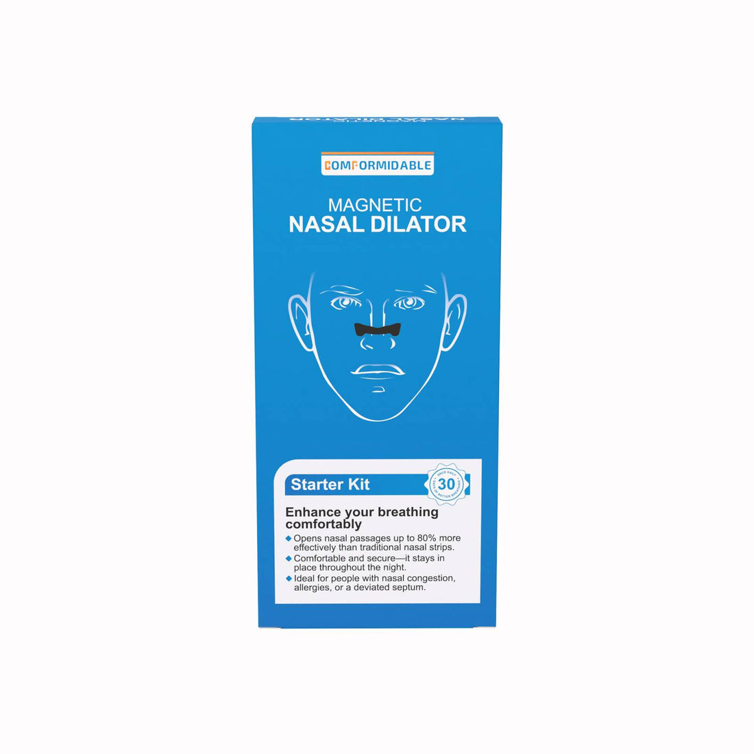 Voorzijde van de verpakking van de Comformidable Magnetic Nasal Dilator starterkit met productnaam en uitleg over verbeterde ademhaling.