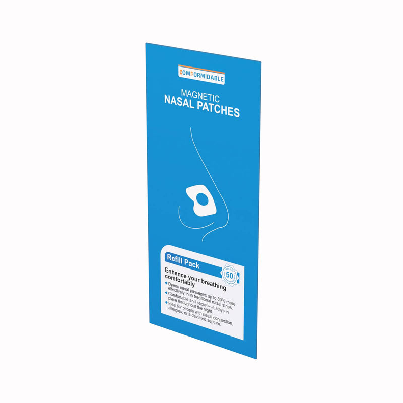 Schuin weergegeven refill verpakking van Comformidable Magnetic Nasal Patches met illustratie van een neus en productinformatie.