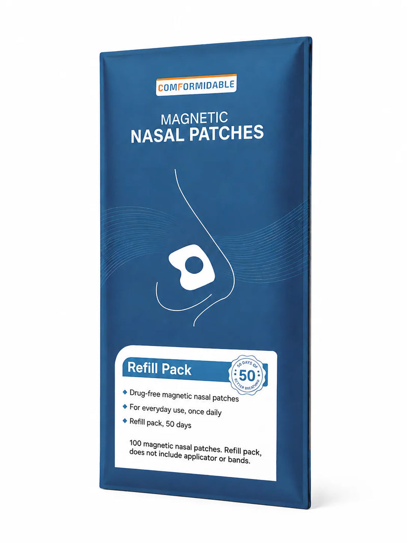 Skråt set af emballagen til Comformidable Magnetic Nasal Patches refillpakke.