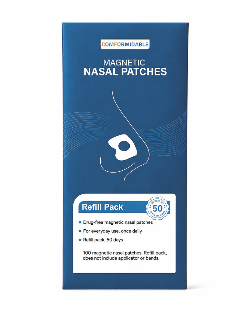 Set forfra af emballagen til Comformidable Magnetic Nasal Patches refillpakke (50 dage).