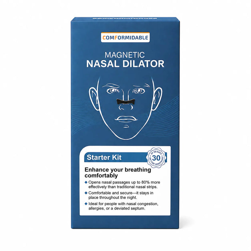 Set forfra af emballagen til Comformidable Magnetic Nasal Dilator startsæt for bedre vejrtrækning.