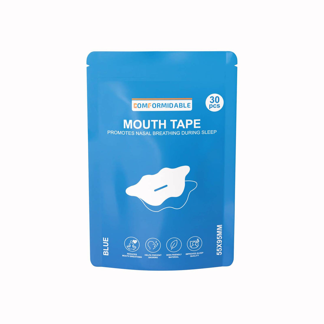 Voorzijde van de verpakking van Comformidable Mouth Tape met productnaam, pictogrammen en vermelding van 30 stuks.