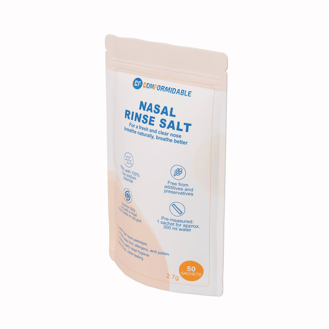 Voorzijde van de verpakking van Comformidable Nasal Rinse Salt met productnaam, voordelen en aanduiding van 50 sachets.