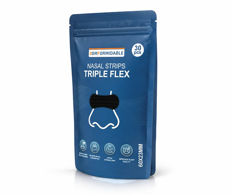 Skråt set af Comformidable Nasal Strips Triple Flex emballagen, 30 stk.