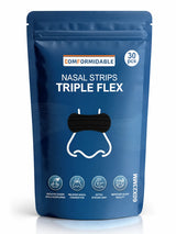 Front view of the dark blue Comformidable Nasal Strips Triple Flex packaging, 30 pieces, 60x23 mm.
