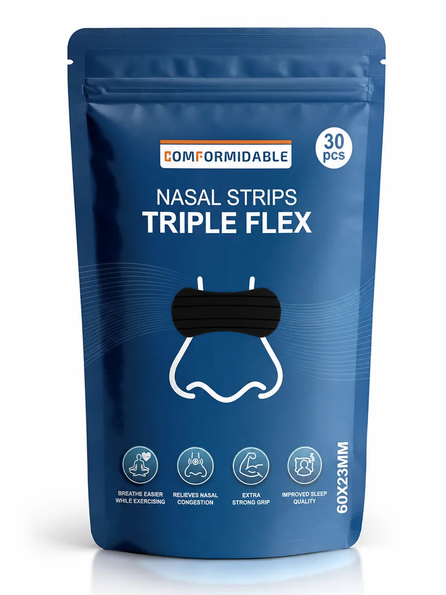 Front view of the dark blue Comformidable Nasal Strips Triple Flex packaging, 30 pieces, 60x23 mm.