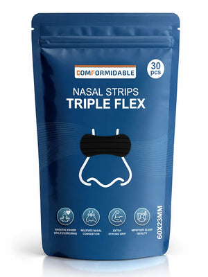 Vue de face de l'emballage bleu foncé Comformidable Nasal Strips Triple Flex, 30 pièces, 60x23 mm.