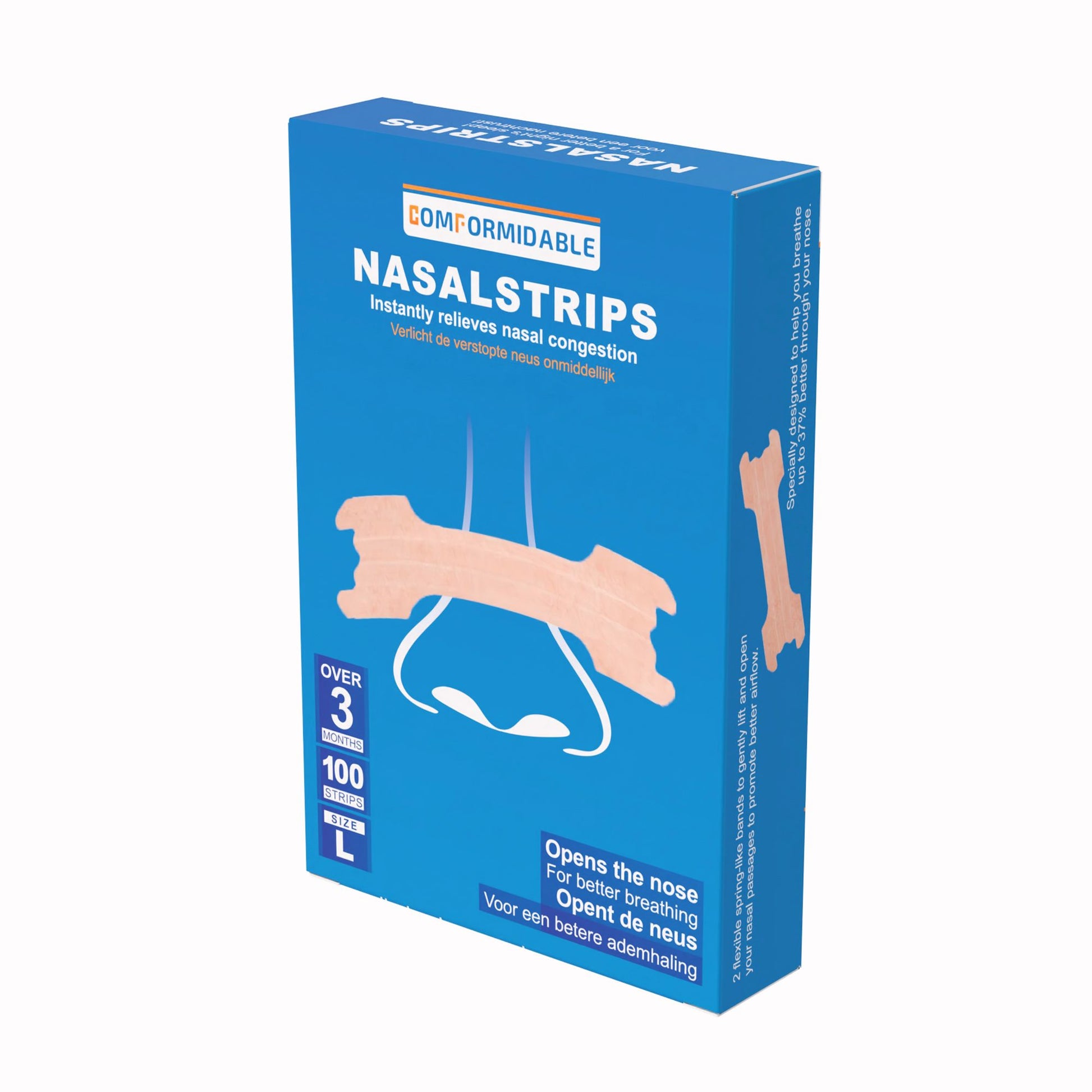 Comformidable nasalstrips 100 stuks verpakking in schuin perspectief