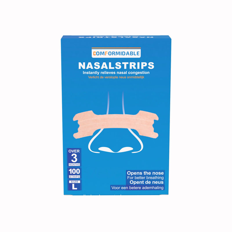 Voorkant van de Comformidable nasalstrips verpakking 100 stuks maat L