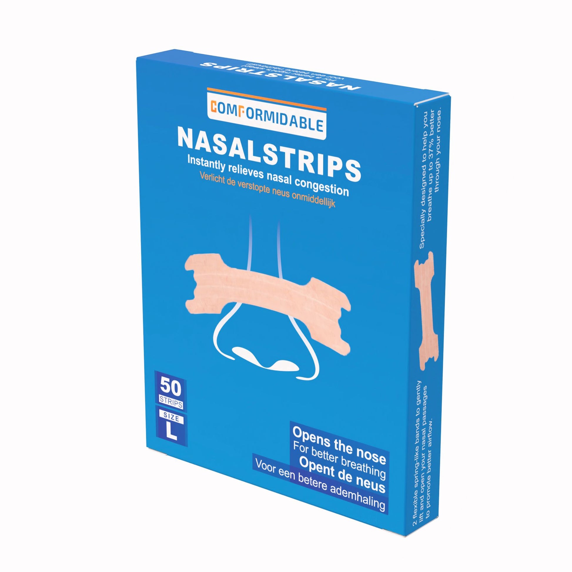 Zijkant van Comformidable nasal strips verpakking 50 stuks.