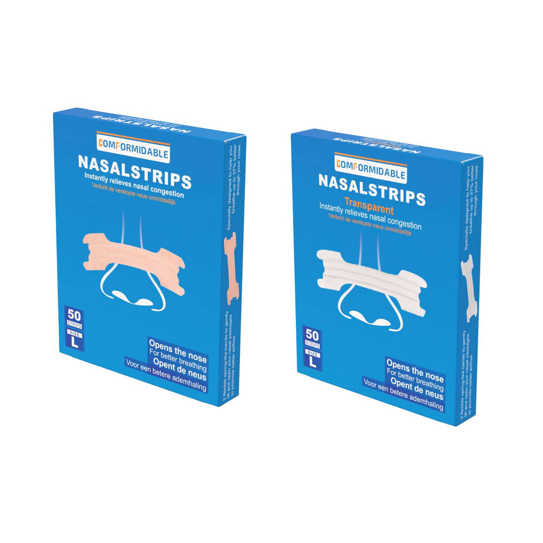 Verpakking van Comformidable Nasalstrips in huidskleur, met illustratie van een neusstrip op de neus en vermelding van 50 strips in maat L.