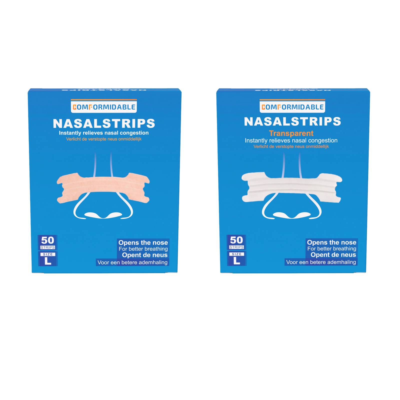 Verpakking van Comformidable Nasalstrips in huidskleur, met illustratie van een neusstrip op de neus en vermelding van 50 strips in maat L.