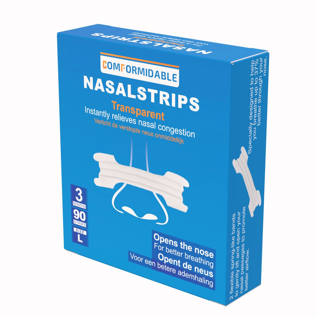Voorkant verpakking Comformidable transparante nasal strips 90 stuks maat L