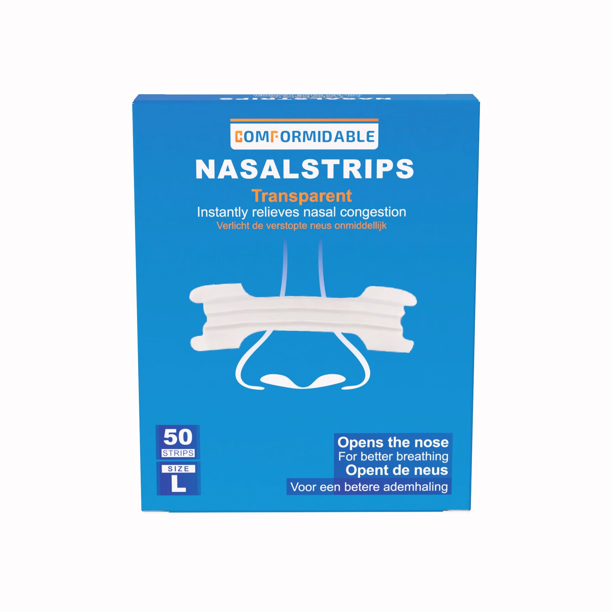 Voorkant verpakking Comformidable transparante nasal strips maat L