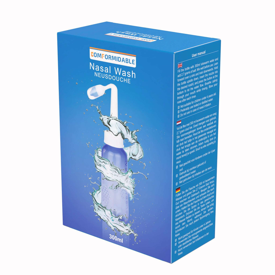 Voorzijde van de Comformidable neusdouche verpakking met duidelijke productweergave