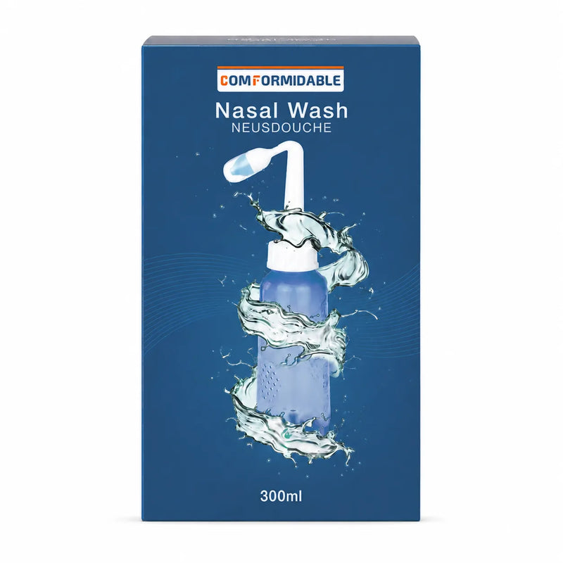Front view of the dark blue packaging of the Comformidable Nasal Wash nasal rinse (300 ml).