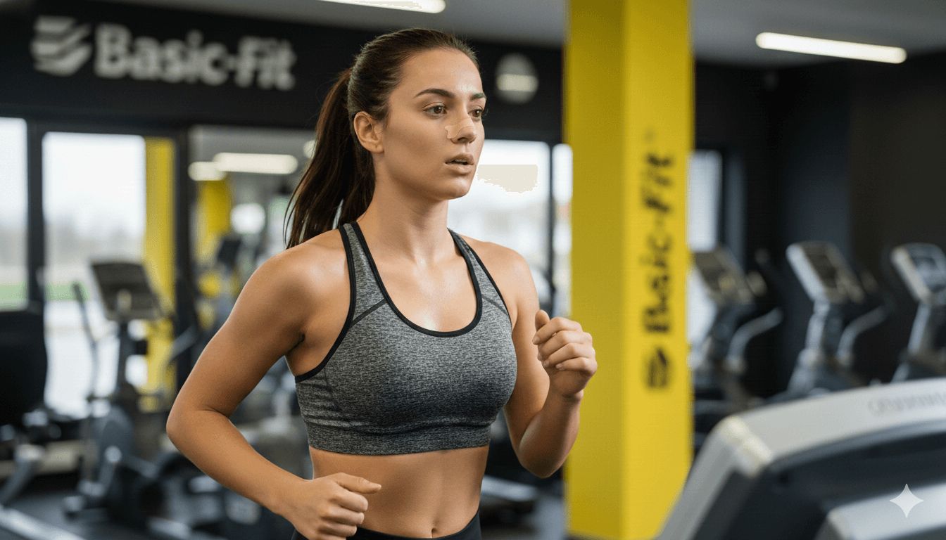 Een vrouw met een neusstrip op tijdens een cardio-sessie in de sportschool voor een verhoogde zuurstofopname.
