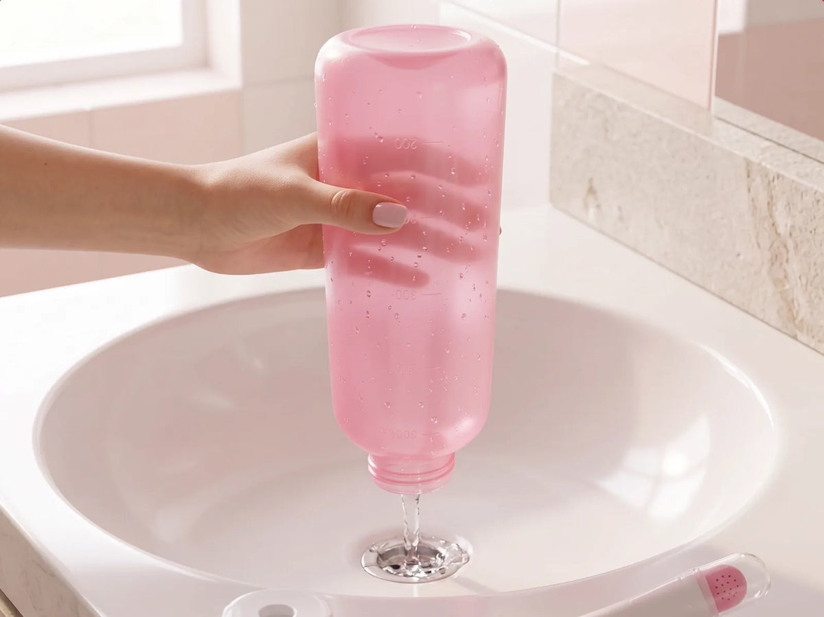 Bouteille bidet vidée au-dessus du lavabo