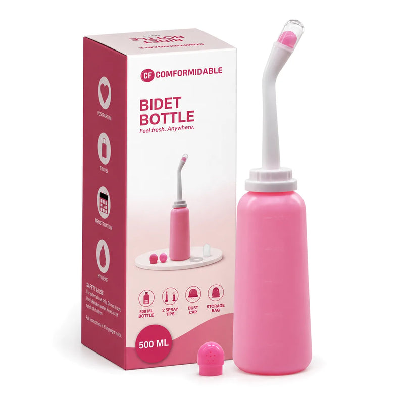 Peri bottle Comformidable : boîte avec la bouteille bidet rose de 500 ml, le bec courbé et un embout souple