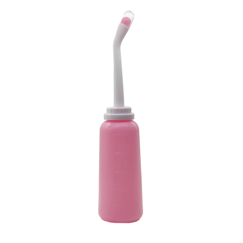 Bouteille bidet rose de 500 ml avec bec courbé blanc et capuchon de protection