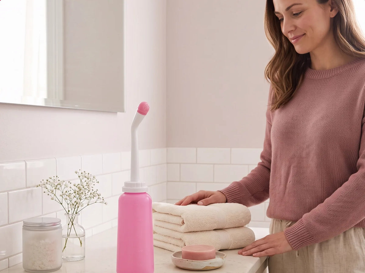 Femme dans la salle de bain avec la bouteille bidet à côté d'une pile de serviettes