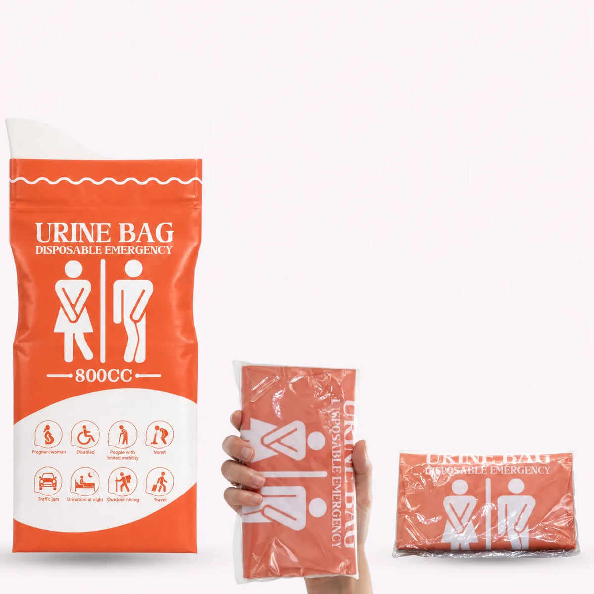 Unfolded 800 ml pee bag next to a folded pee bag held in a hand