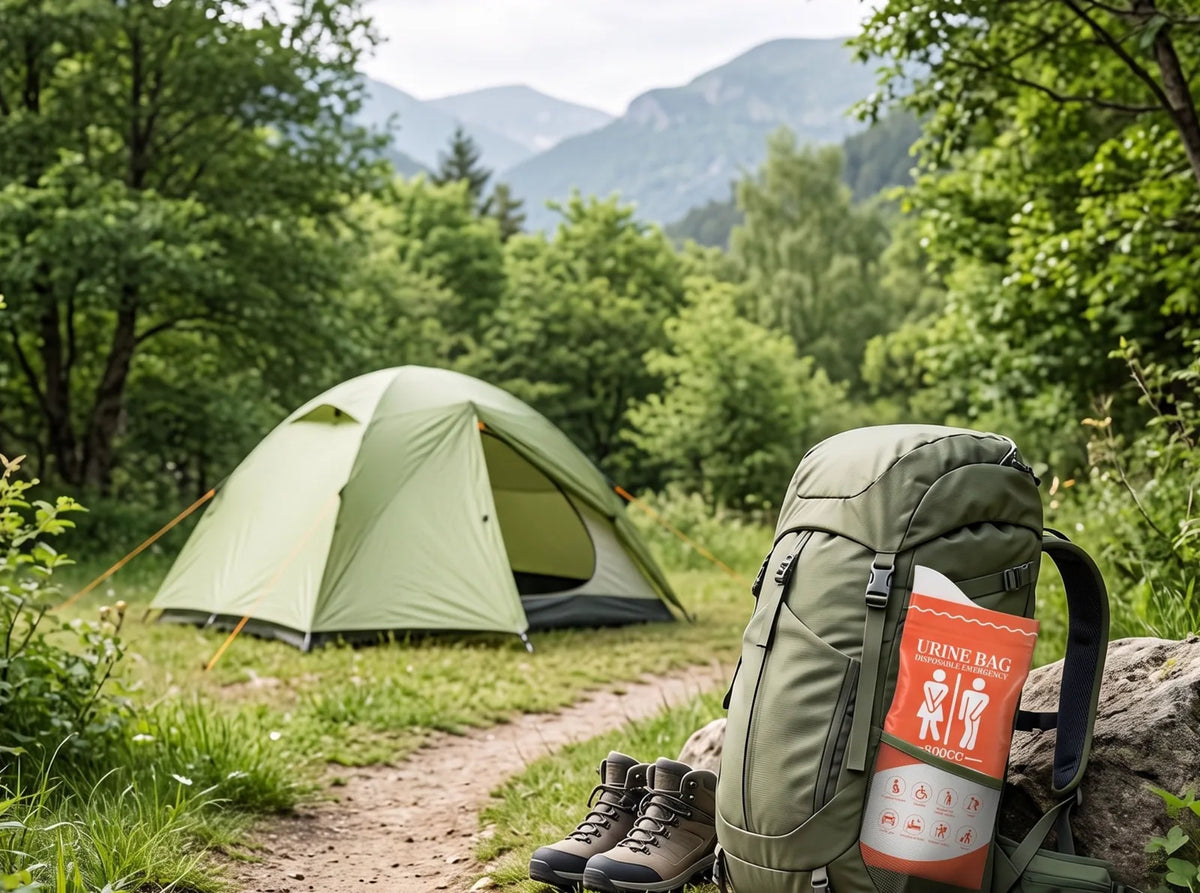 Pee bag in the side pocket of a backpack next to a tent