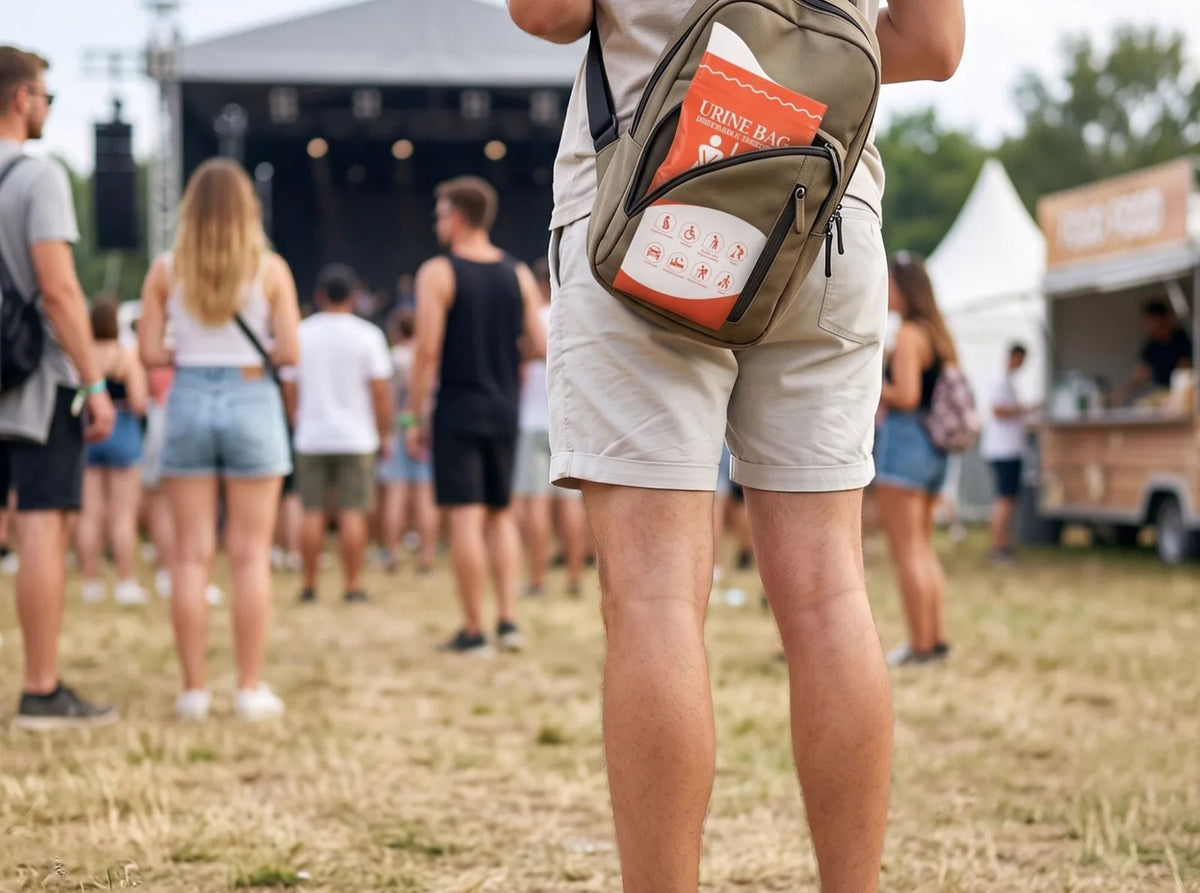 Pee bag in a waist bag at a festival