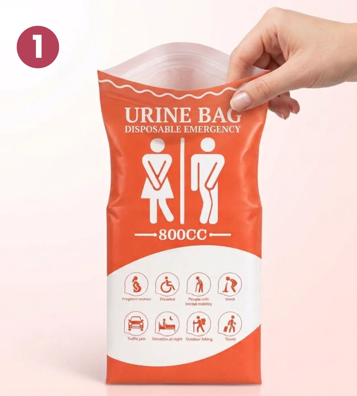 Step 1: the pee bag is opened by hand