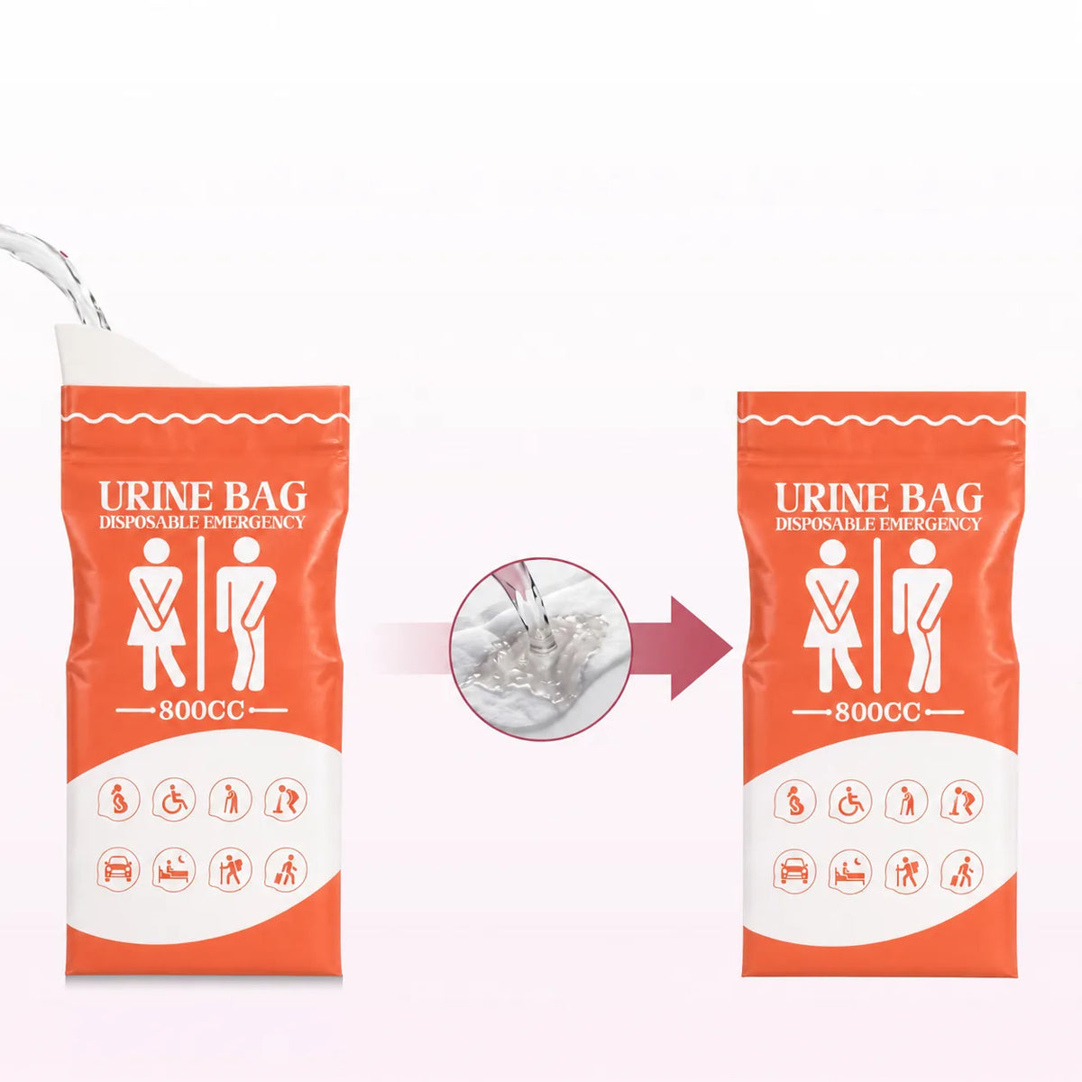 Pee bag with an absorbent pad that turns liquid into gel within seconds
