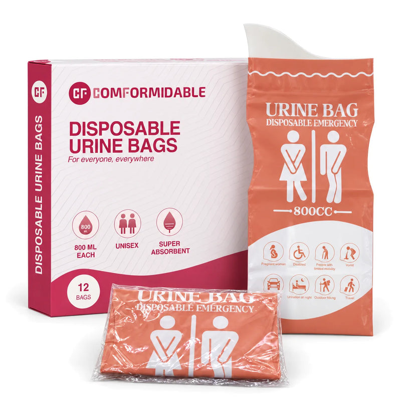 Sacs à urine Comformidable : boîte de 12 pièces, un sac à urine déplié et un sac à urine plié sous film