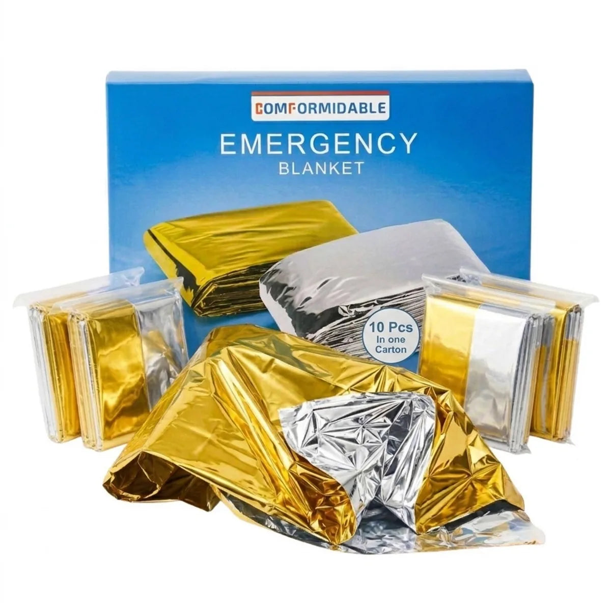 Comformidable emergency blanket 10-pack: box with double-sided gold and silver blankets