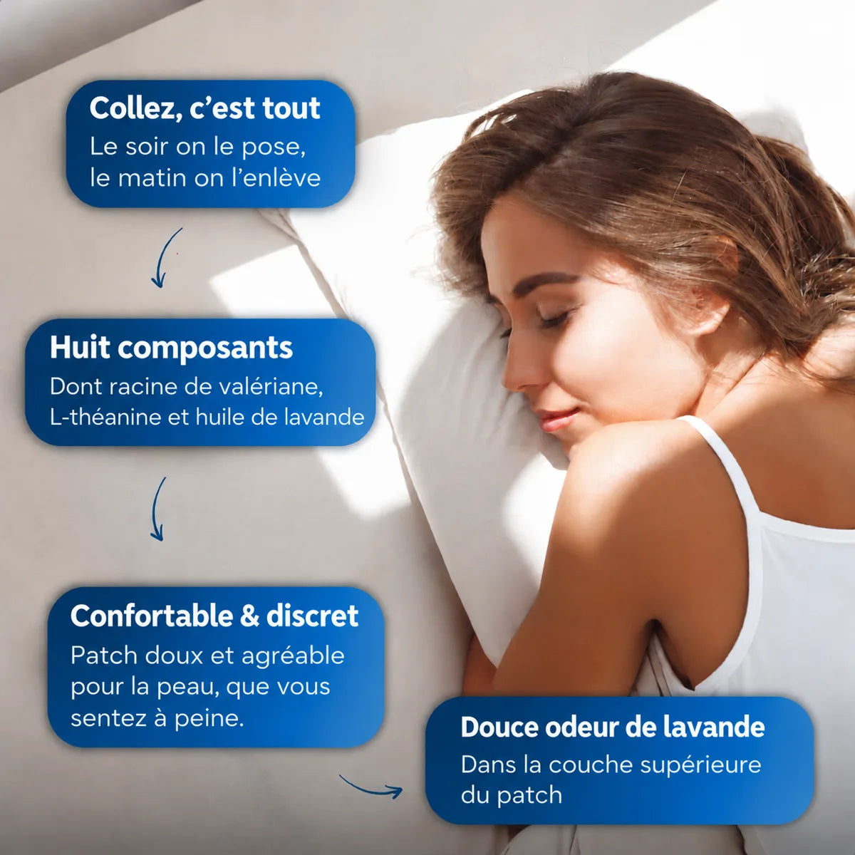 Femme endormie avec quatre caractéristiques du patch de nuit