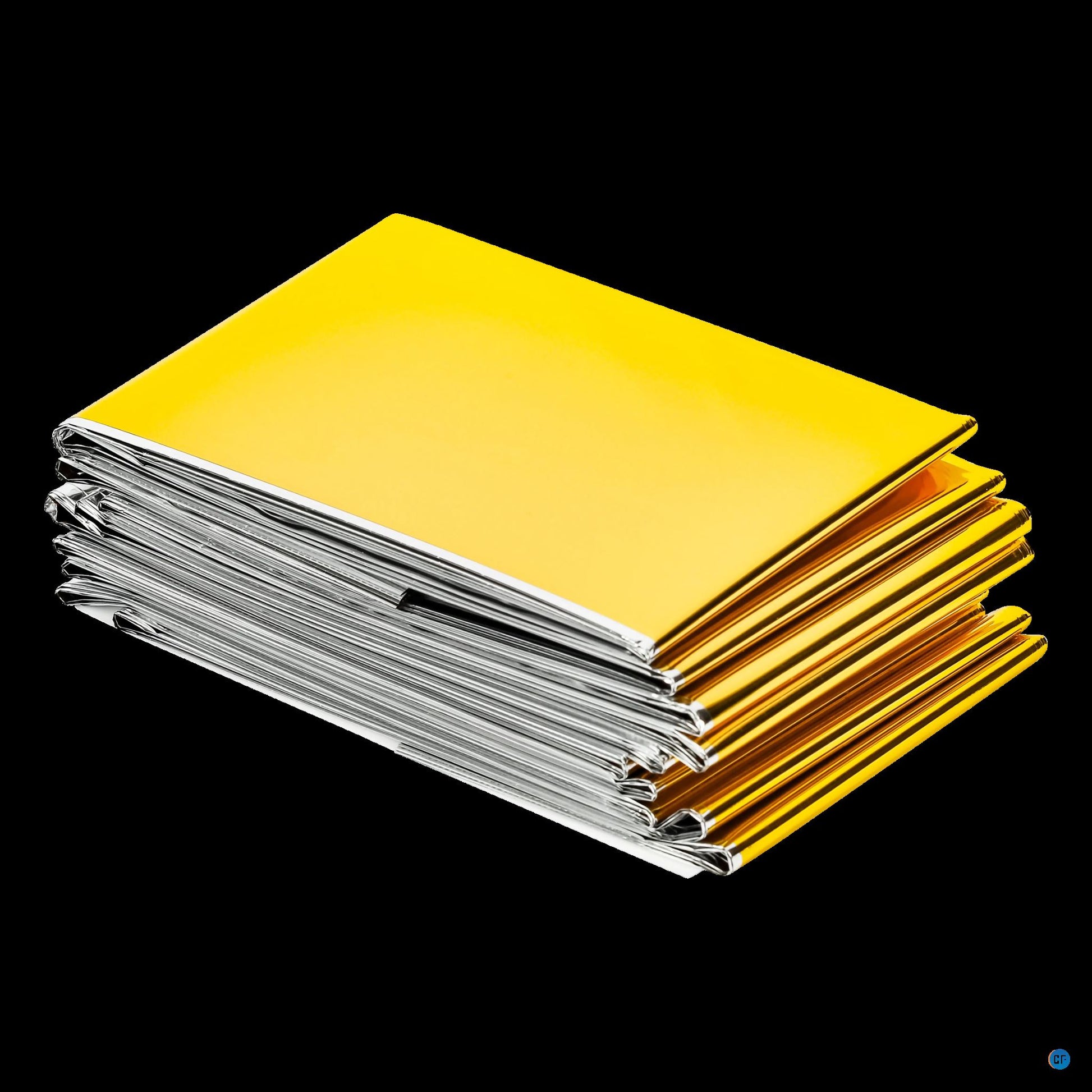 Goud- en zilverkleurige Comformidable reddingsdekens opgevouwen tegen zwarte achtergrond