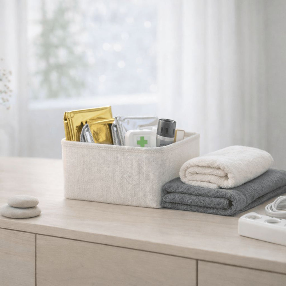 Comformidable Overig assortiment met diverse lifestyle- en gezondheidsproducten in een georganiseerde mand.