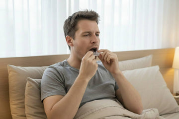 Man in bed plaatst een Comformidable anti-snurk mondstuk voor een stille nachtrust.