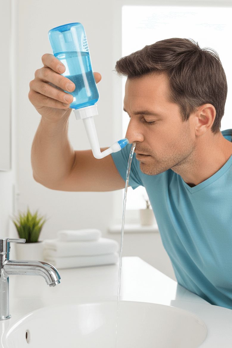 Een man reinigt zijn neusholtes met een blauwe neusspoeler voor verlichting bij hooikoorts en verkoudheid.