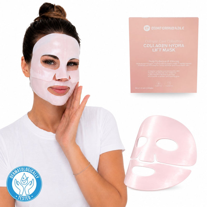 Model met Comformidable Collagen Hydra Lift Mask, tweedelig roze hydrogel collageen masker, met verpakking