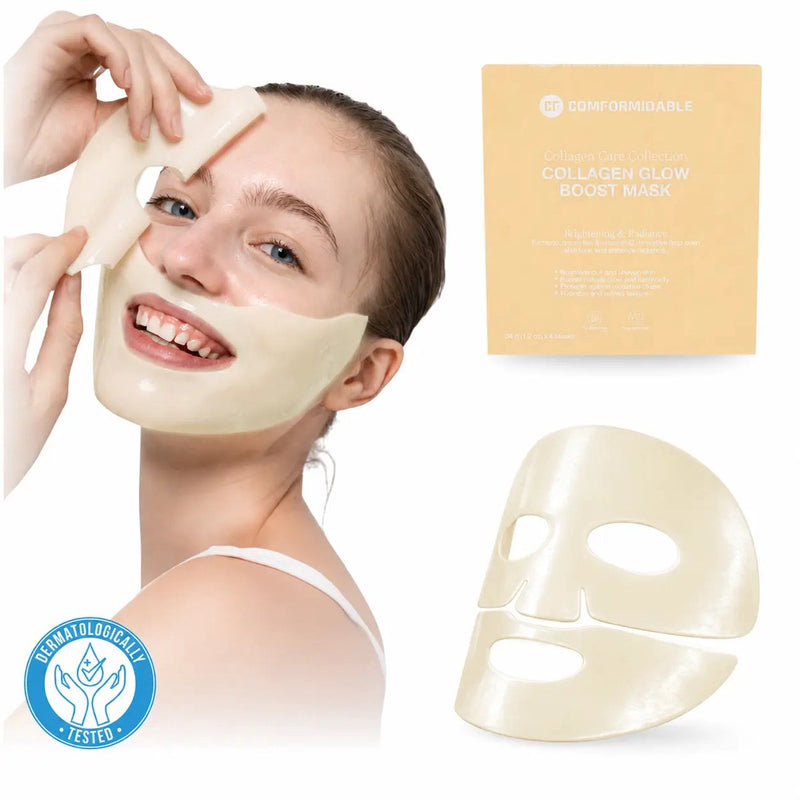 Model met Comformidable Collagen Glow Boost Mask, tweedelig geel hydrogel collageen masker, met verpakking