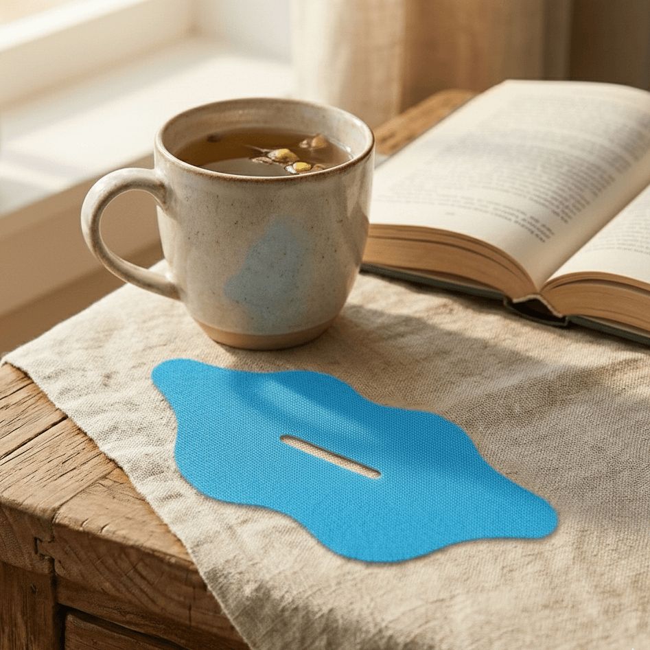 Blauwe anti-snurk mondstrip liggend op een nachtkastje naast een kop thee en een boek als onderdeel van een gezonde avondroutine.