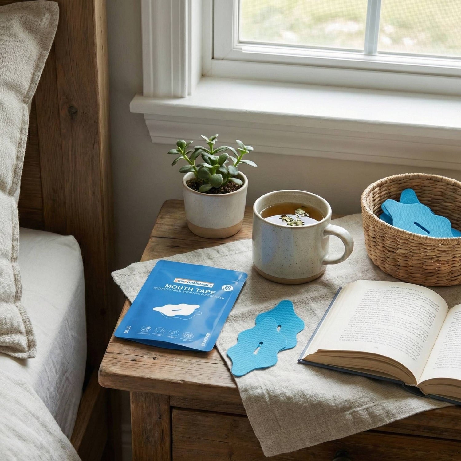 Overzicht van een nachtkastje met de verpakking van de Mouth Tape mondstrips, een mandje met voorraad en een geopend boek.