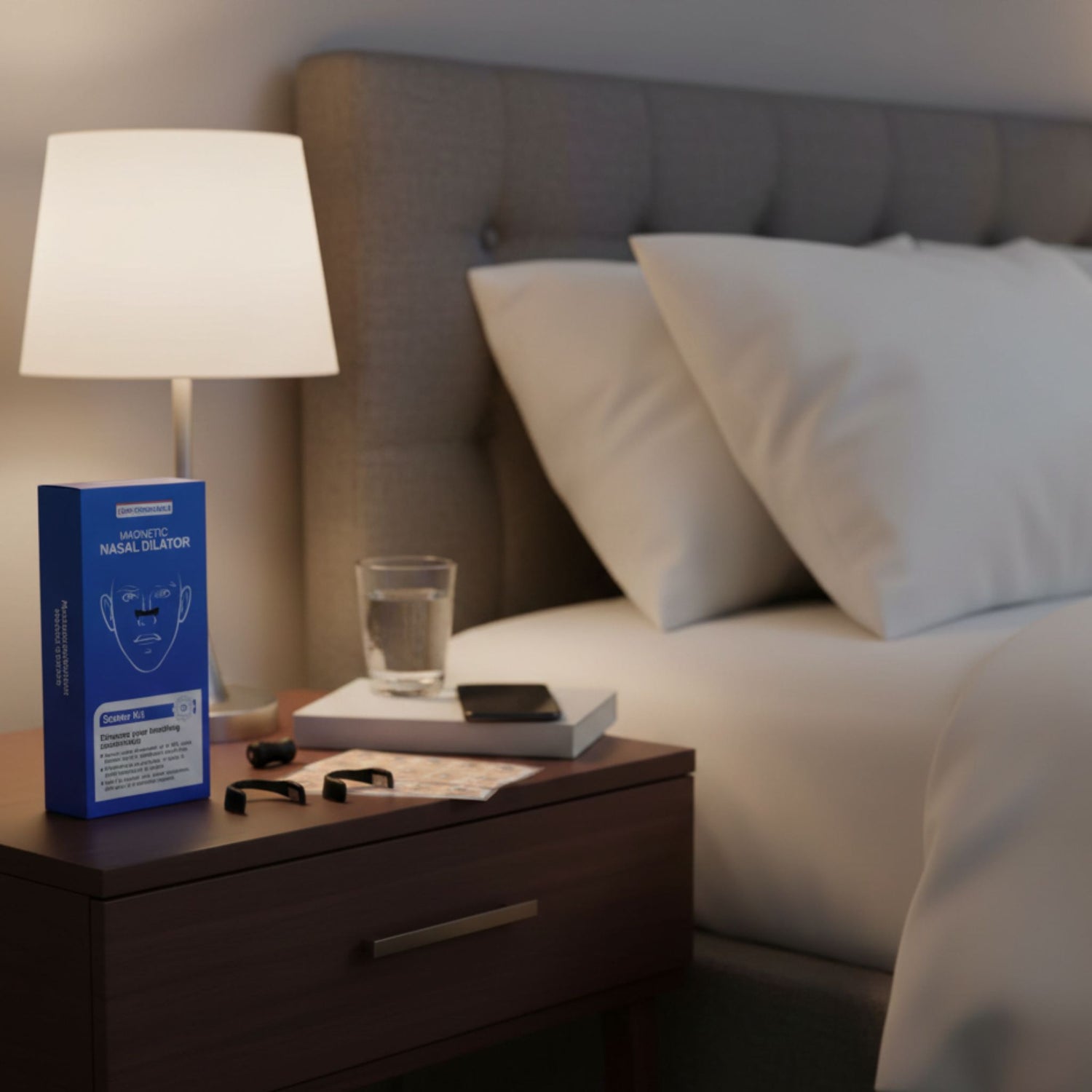 sfeerafbeelding van de magnetische neusstrips verpakking op een nachtkastje aast een bed