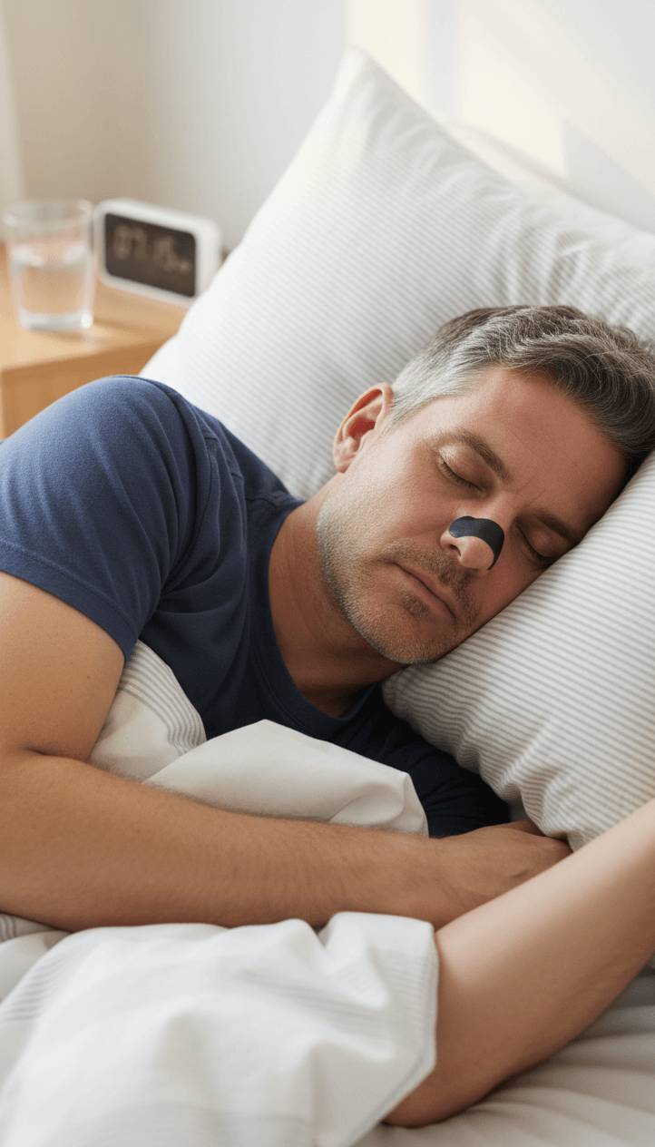 Slapende man op een kussen met een zwarte neuspleister op zijn neus