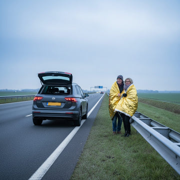 Twee mensen staan langs de snelweg bij een auto met open achterklep en een gouden nooddeken om zich heen