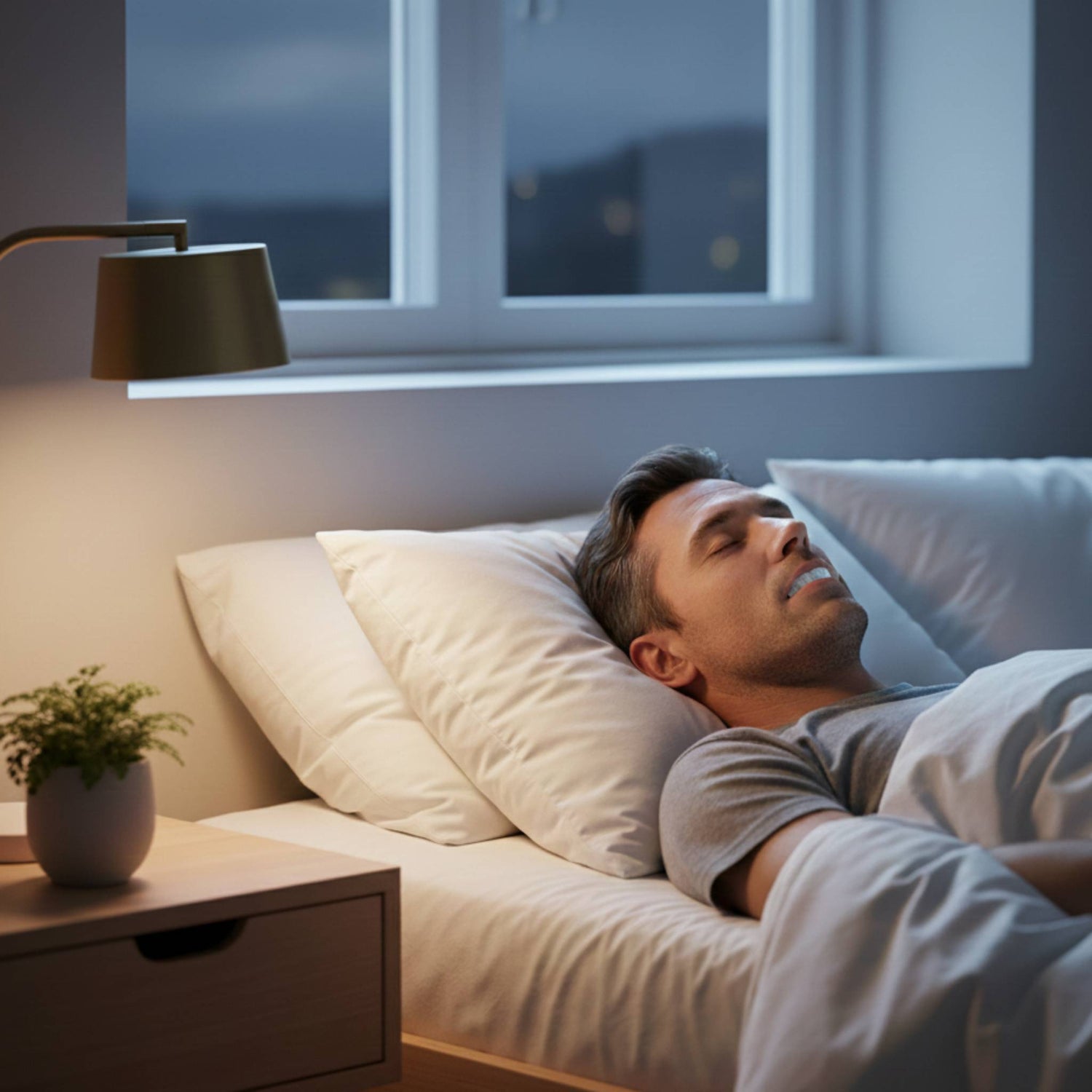 Man geniet van een ongestoorde slaap zonder snurken met het Comformidable mondstuk.