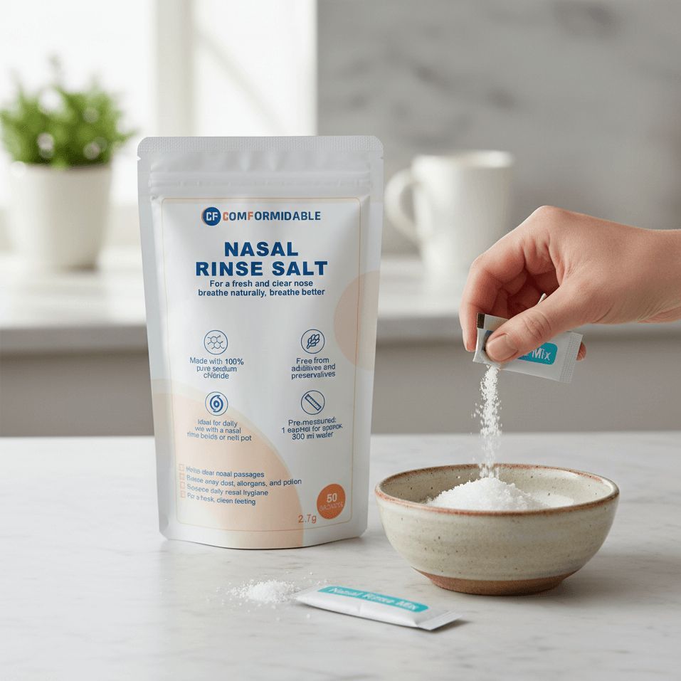 Iemand voegt een zakje Nasal Rinse Salt toe aan een kommetje voor het voorbereiden van een neusspoeling.