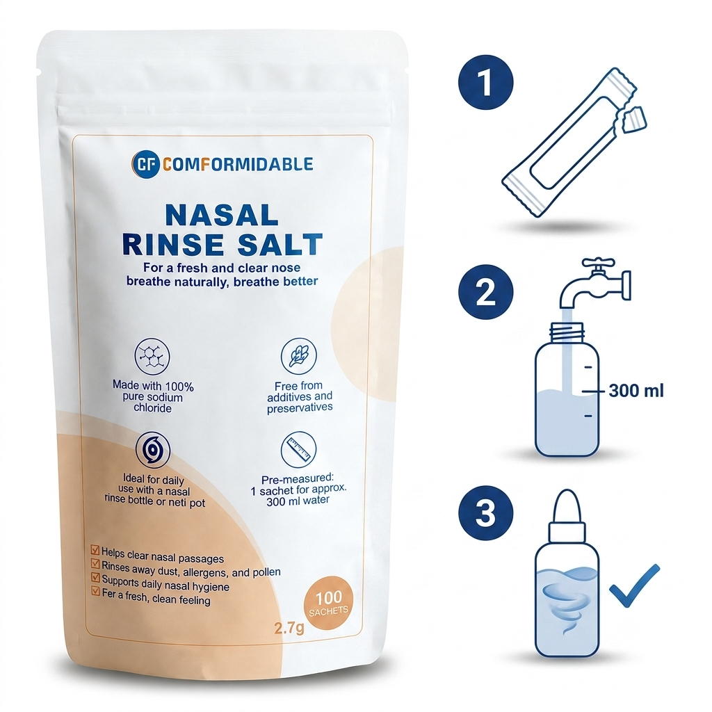 Sådan bruger du Comformidable skyllesalt: åbn posen, fyld næseskylleren med 300 ml lunkent vand, opløs